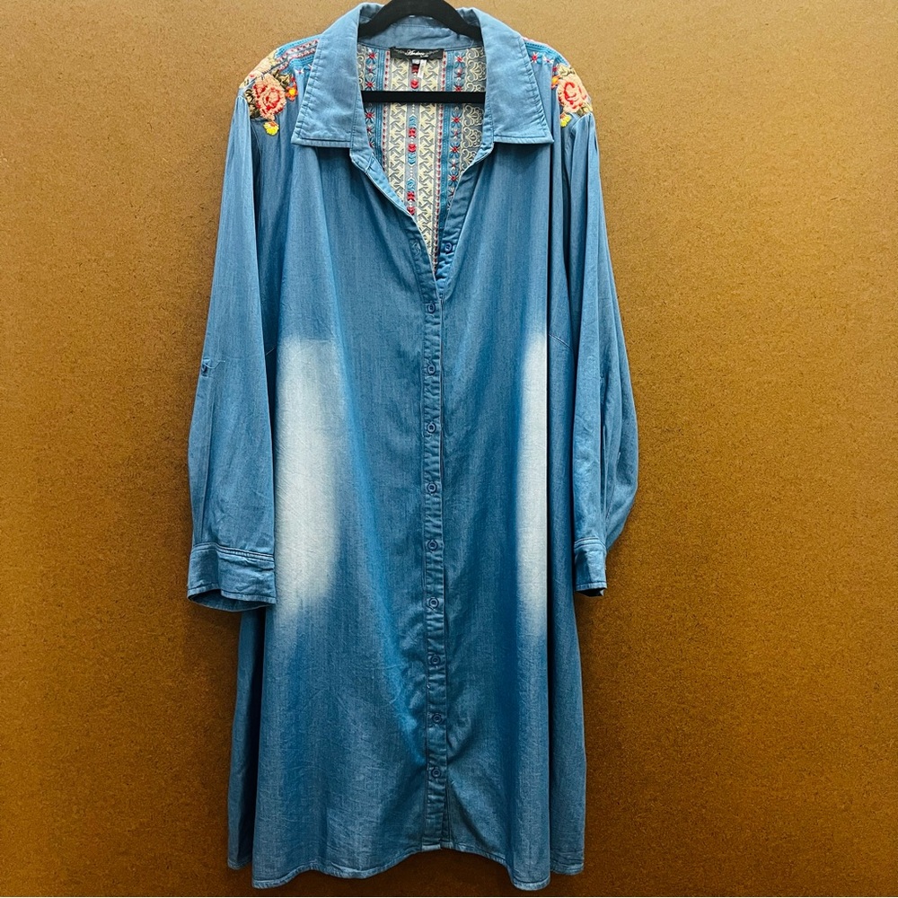 Blue Denim Embroidered Long Shirt Dress Plus Size